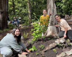 Un groupe d'adolescentes à côté d'arbres dans la forêt.