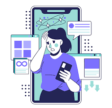Dessin d'un téléphone avec une femme accablée par toutes les choses qui se passent en ligne. Des dessins d'applications/ page webs sortent du téléphone.