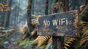 Un signe en bois qui indique "no wifi" en forêt.